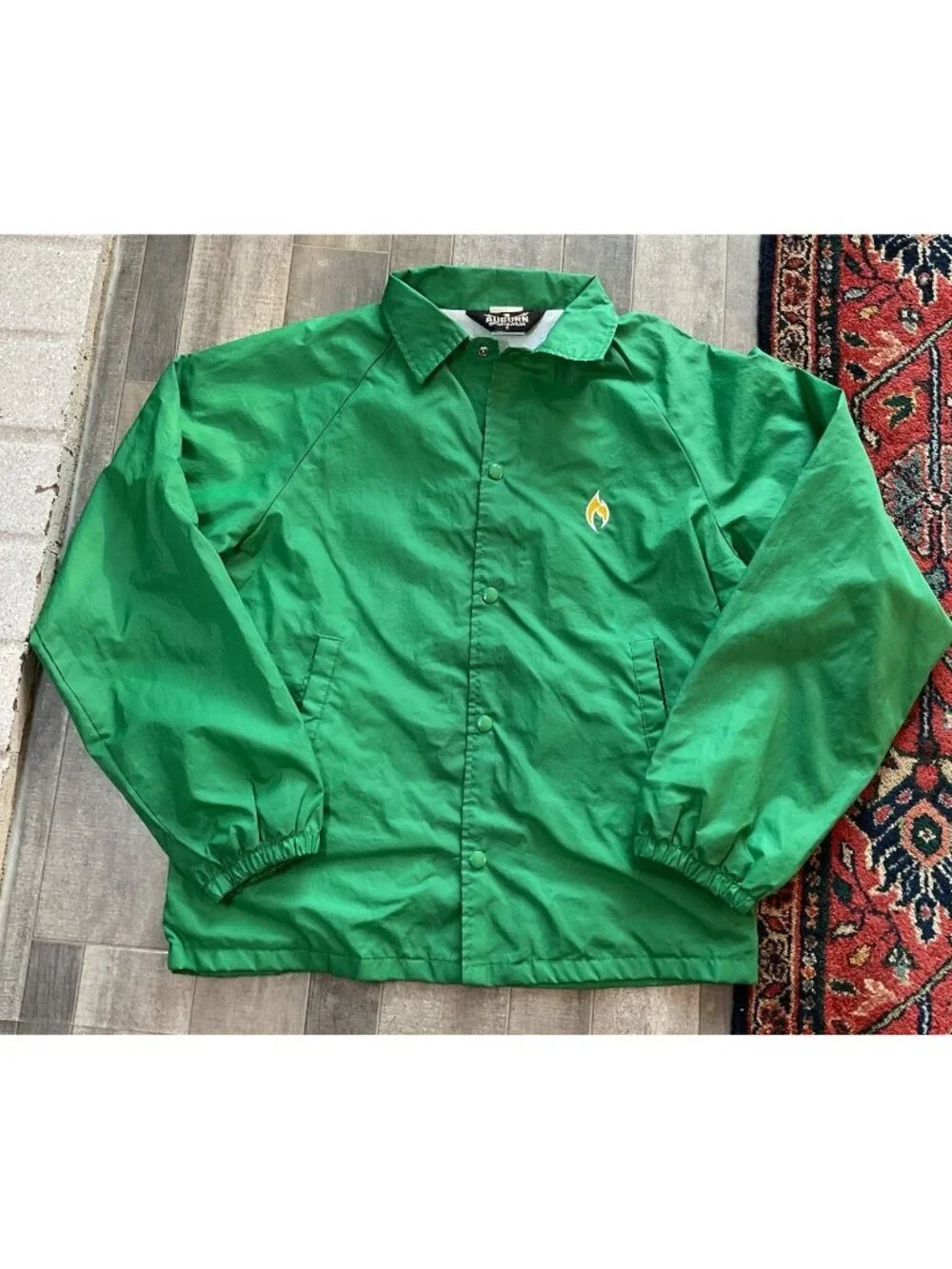 Vintage 1980s Green Satin Trucker Flame Logo Jacket Green Yellow Auburn Sports S